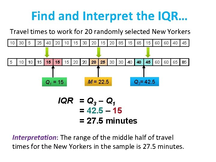 Find and Interpret the IQR… Travel times to work for 20 randomly selected New
