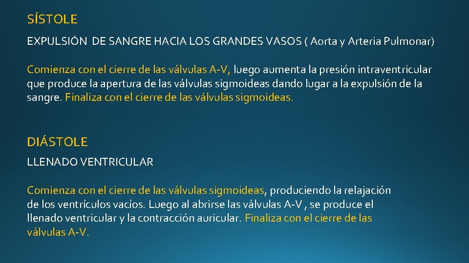 SÍSTOLE EXPULSIÓN DE SANGRE HACIA LOS GRANDES VASOS ( Aorta y Arteria Pulmonar) Comienza SÍSTOLE EXPULSIÓN DE SANGRE HACIA LOS GRANDES VASOS ( Aorta y Arteria Pulmonar) Comienza