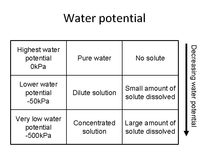 Water potential Pure water No solute Lower water potential -50 k. Pa Dilute solution