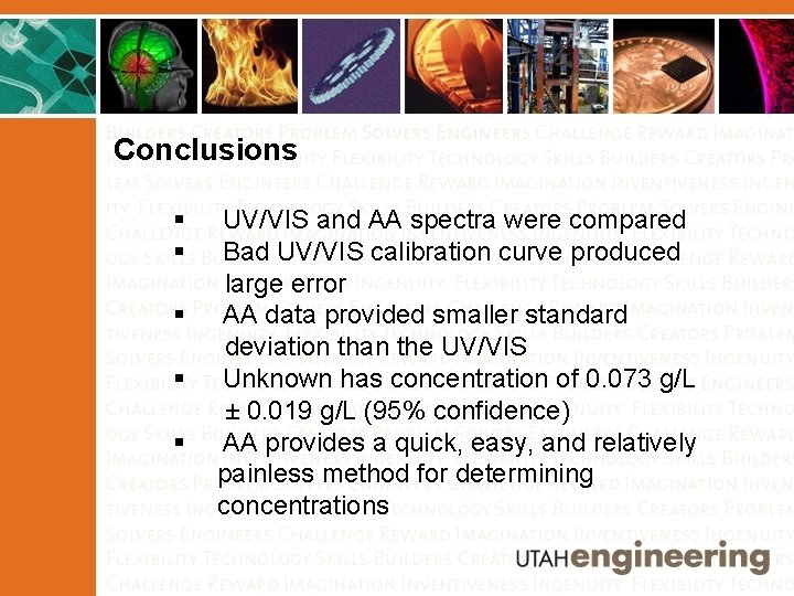 Conclusions § UV/VIS and AA spectra were compared § Bad UV/VIS calibration curve produced