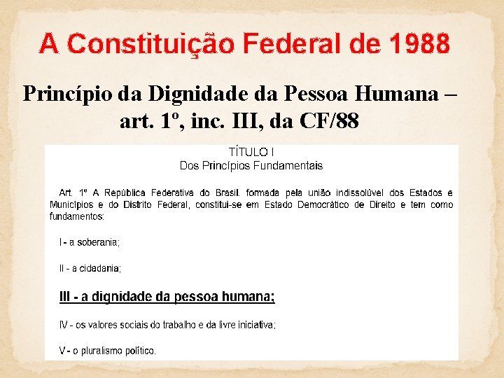 A Constituição Federal de 1988 Princípio da Dignidade da Pessoa Humana – art. 1º,