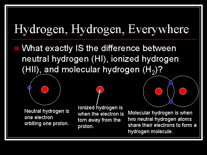 Hydrogen, Everywhere n What exactly IS the difference between neutral hydrogen (HI), ionized hydrogen