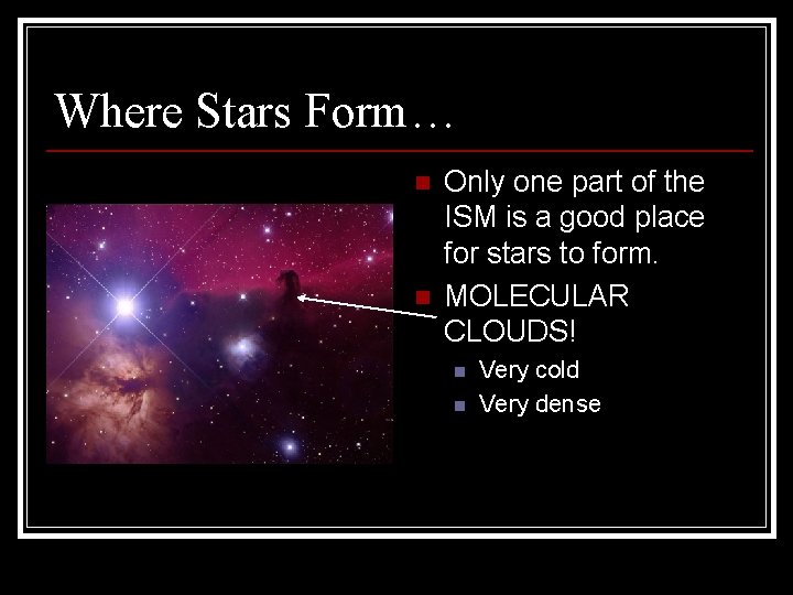 Where Stars Form… n n Only one part of the ISM is a good