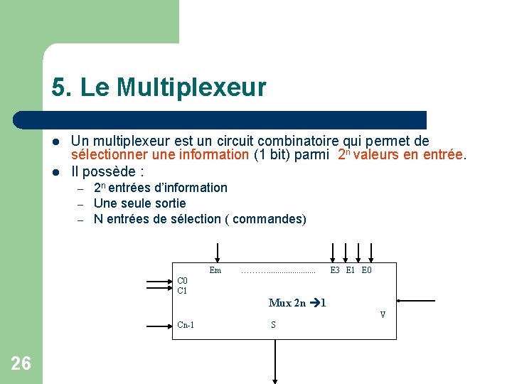 5. Le Multiplexeur l l Un multiplexeur est un circuit combinatoire qui permet de