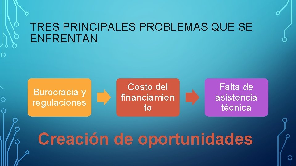 TRES PRINCIPALES PROBLEMAS QUE SE ENFRENTAN Burocracia y regulaciones Costo del financiamien to Falta