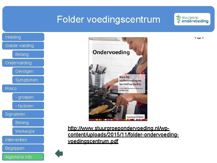 Folder voedingscentrum Inleiding 1 van 1 Goede voeding Belang Ondervoeding Gevolgen Symptomen Risico -