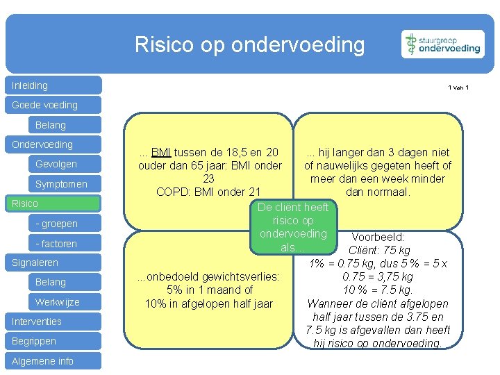 Risico op ondervoeding Inleiding 1 van 1 Goede voeding Belang Ondervoeding Gevolgen Symptomen Risico