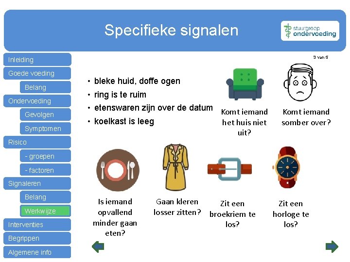 Specifieke signalen 3 van 5 Inleiding Goede voeding Belang Ondervoeding Gevolgen Symptomen • •