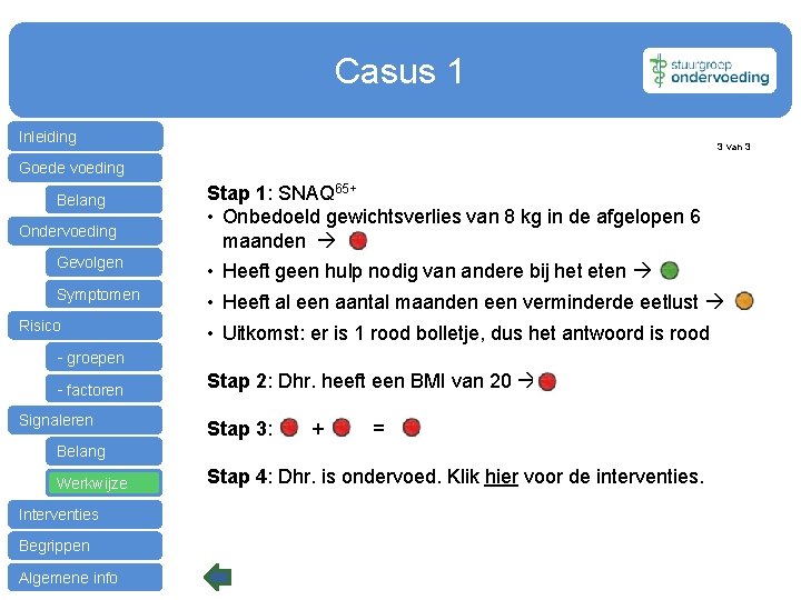 Casus 1 Inleiding 3 van 3 Goede voeding Belang Ondervoeding Gevolgen Symptomen Risico Stap