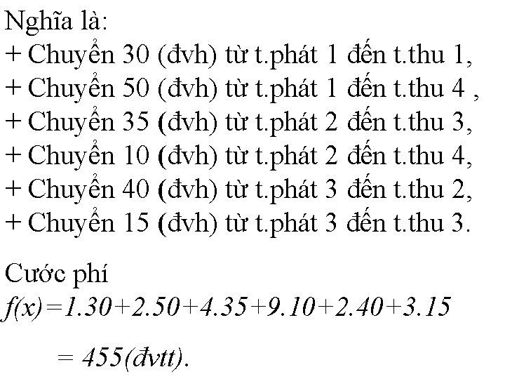 Nghĩa là: + Chuyển 30 (đvh) từ t. phát 1 đến t. thu 1,