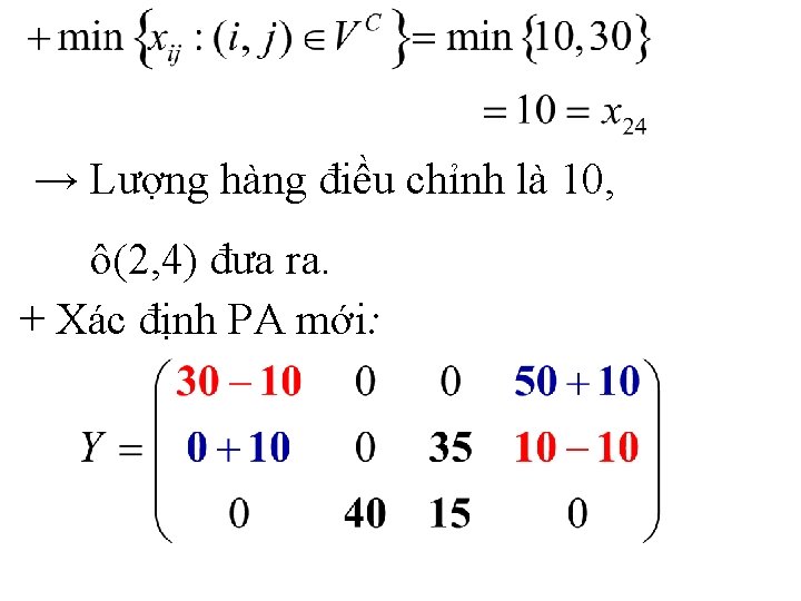 → Lượng hàng điều chỉnh là 10, ô(2, 4) đưa ra. + Xác định