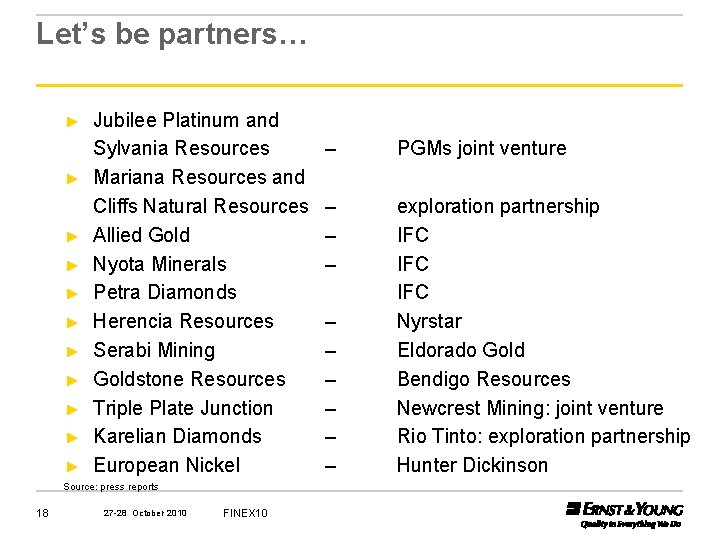 Let’s be partners… ► ► ► Jubilee Platinum and Sylvania Resources Mariana Resources and