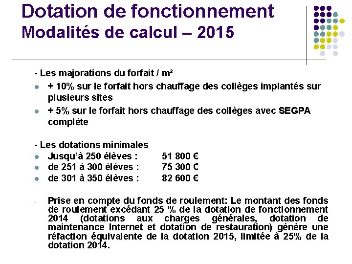 Dotation de fonctionnement Modalités de calcul – 2015 - Les majorations du forfait /