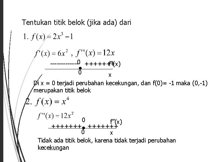 23 Tentukan titik belok (jika ada) dari -------0 +++++++ f”(x) ● 0 x Di