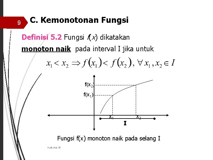 9 C. Kemonotonan Fungsi Definisi 5. 2 Fungsi f(x) dikatakan monoton naik pada interval