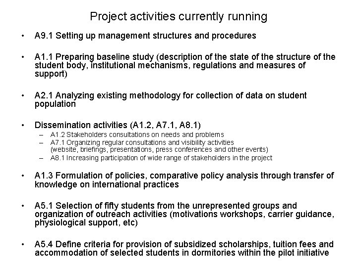 Project activities currently running • A 9. 1 Setting up management structures and procedures