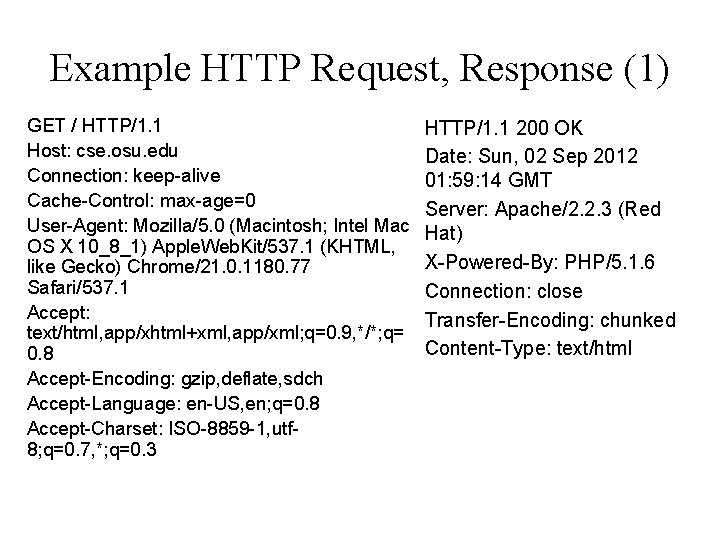 Example HTTP Request, Response (1) GET / HTTP/1. 1 Host: cse. osu. edu Connection:
