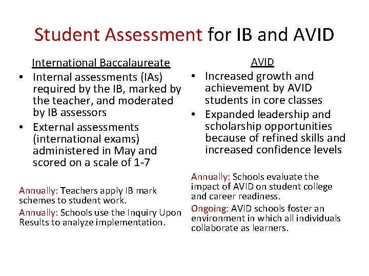 Student Assessment for IB and AVID International Baccalaureate • Increased growth and • Internal