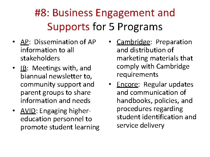 #8: Business Engagement and Supports for 5 Programs • AP: Dissemination of AP information