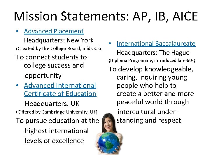 Mission Statements: AP, IB, AICE • Advanced Placement Headquarters: New York (Created by the