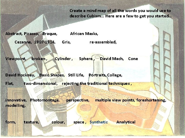 Create a mind map of all the words you would use to describe Cubism…