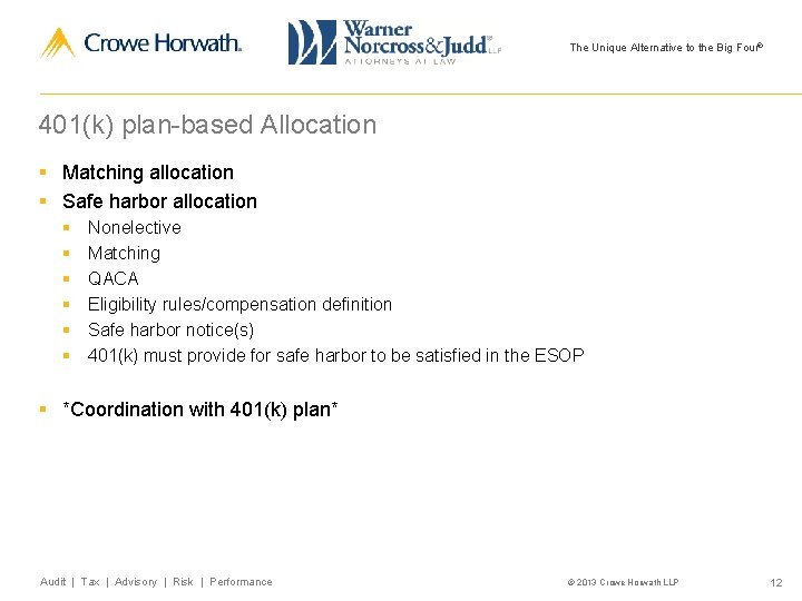 The Unique Alternative to the Big Four® 401(k) plan-based Allocation § Matching allocation §