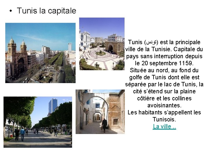  • Tunis la capitale Tunis ( )ﺗﻮﻧﺲ est la principale ville de la