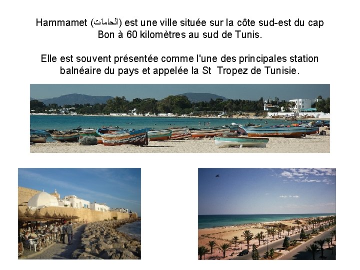 Hammamet ( )ﺍﻟﺤﺍﻣﺎﺕ est une ville située sur la côte sud-est du cap Bon