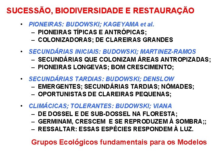 SUCESSÃO, BIODIVERSIDADE E RESTAURAÇÃO GRUPOS ECOLÓGICOS DE ESPÉCIES ARBÓREAS DA • PIONEIRAS: BUDOWSKI; KAGEYAMA