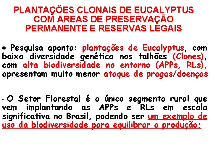 PLANTAÇÕES CLONAIS DE EUCALYPTUS COM AREAS DE PRESERVAÇÃO PERMANENTE E RESERVAS LEGAIS Pesquisa aponta: