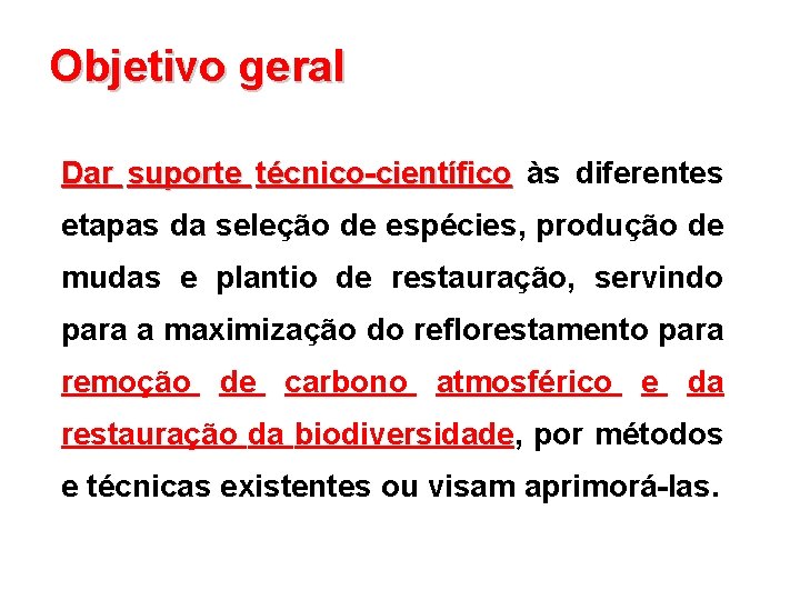 Objetivo geral Dar suporte técnico-científico às diferentes etapas da seleção de espécies, produção de