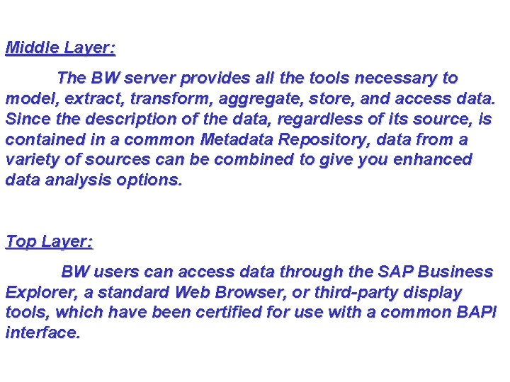 Middle Layer: The BW server provides all the tools necessary to model, extract, transform,