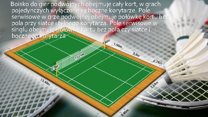 Boisko do gier podwójnych obejmuje cały kort, w grach pojedynczych wyłączone są boczne korytarze.
