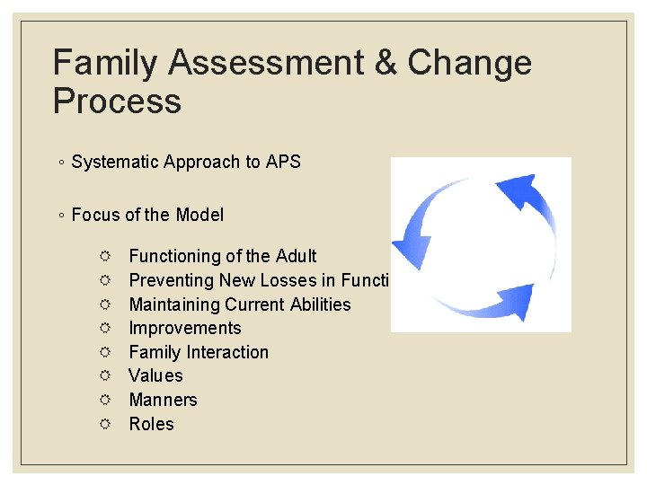 Family Assessment & Change Process ◦ Systematic Approach to APS ◦ Focus of the