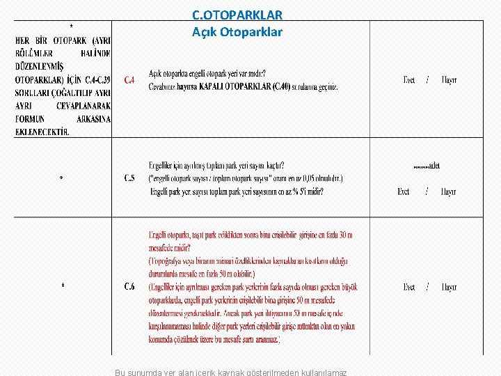 C. OTOPARKLAR Açık Otoparklar 