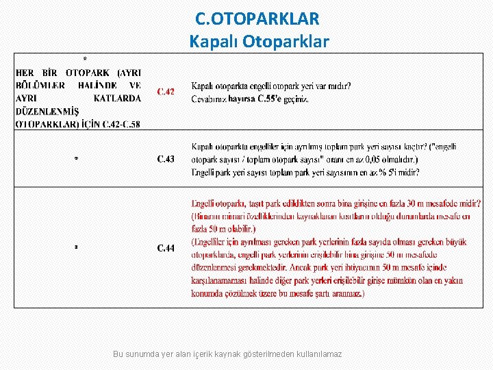 C. OTOPARKLAR Kapalı Otoparklar Bu sunumda yer alan içerik kaynak gösterilmeden kullanılamaz 
