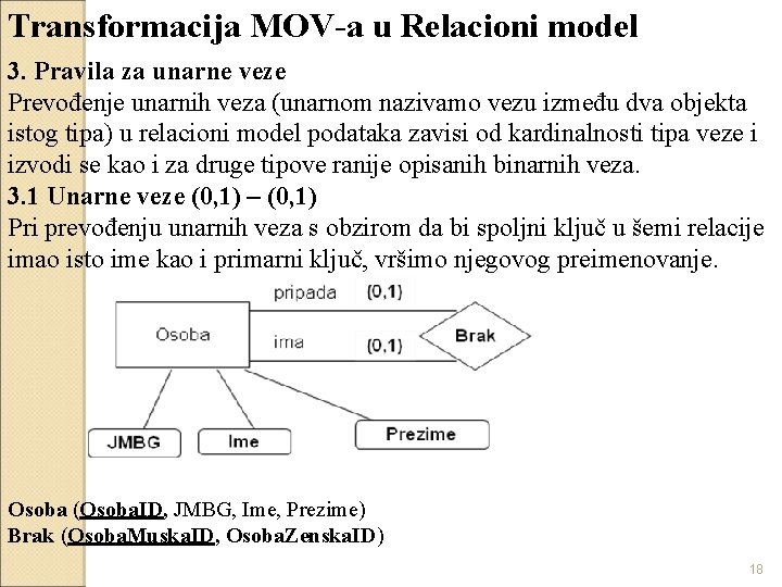 Transformacija MOV-a u Relacioni model 3. Pravila za unarne veze Prevođenje unarnih veza (unarnom