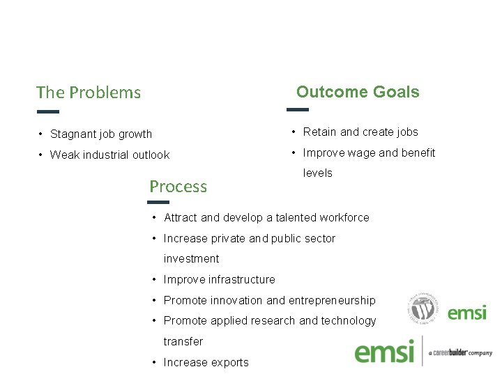 The Problems Outcome Goals • Stagnant job growth • Retain and create jobs •