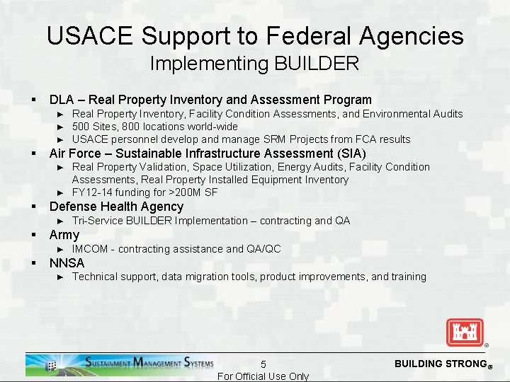 USACE Support to Federal Agencies Implementing BUILDER § DLA – Real Property Inventory and