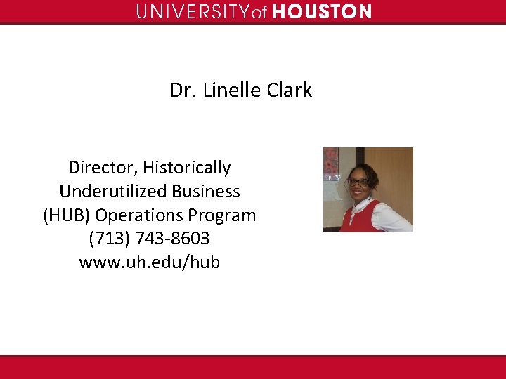 Dr. Linelle Clark Director, Historically Underutilized Business (HUB) Operations Program (713) 743 -8603 www.