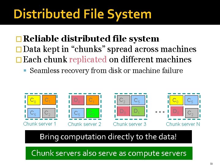 Distributed File System � Reliable distributed file system � Data kept in “chunks” spread