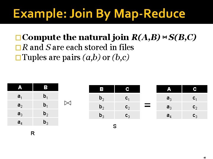 Example: Join By Map-Reduce � Compute the natural join R(A, B) � R and