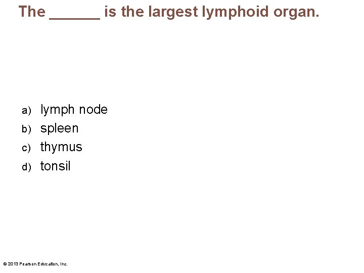 The ______ is the largest lymphoid organ. lymph node b) spleen c) thymus d)