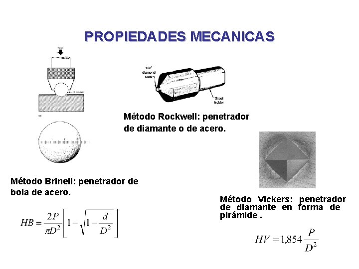 PROPIEDADES MECANICAS Método Rockwell: penetrador de diamante o de acero. Método Brinell: penetrador de