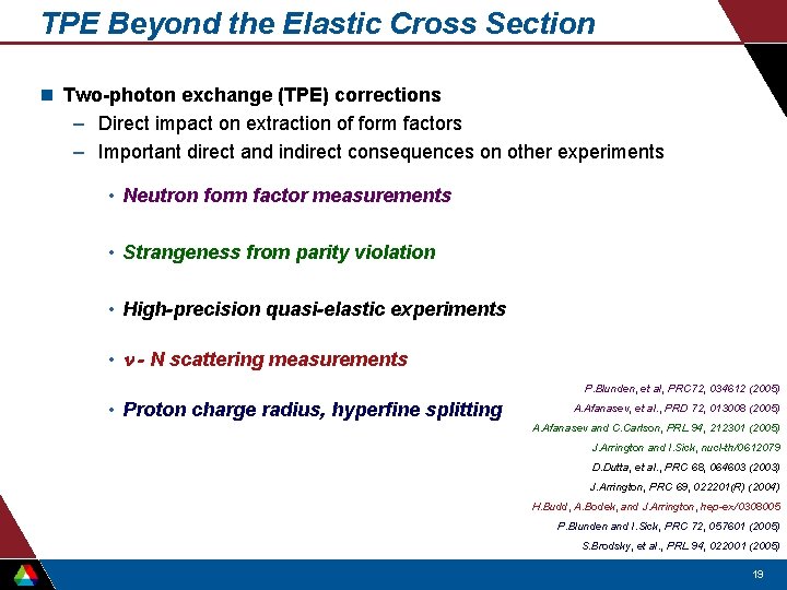 TPE Beyond the Elastic Cross Section n Two-photon exchange (TPE) corrections – Direct impact