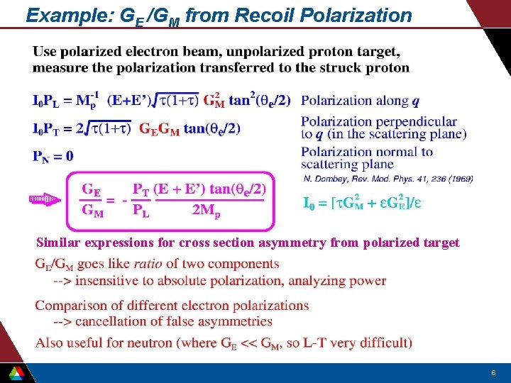 Example: GE /GM from Recoil Polarization Similar expressions for cross section asymmetry from polarized