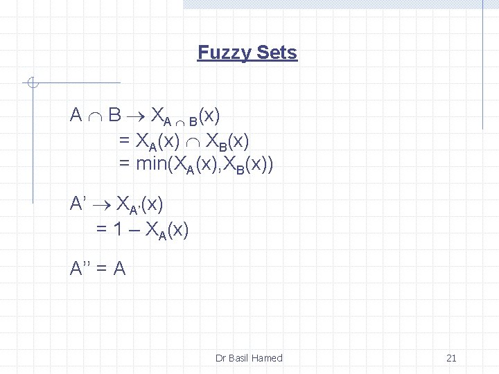 Fuzzy Sets A B XA B(x) = XA(x) XB(x) = min(XA(x), XB(x)) A’ XA’(x)