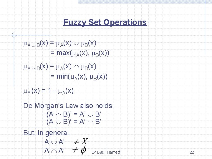 Fuzzy Set Operations A B(x) = A(x) B(x) = max( A(x), B(x)) A B(x)