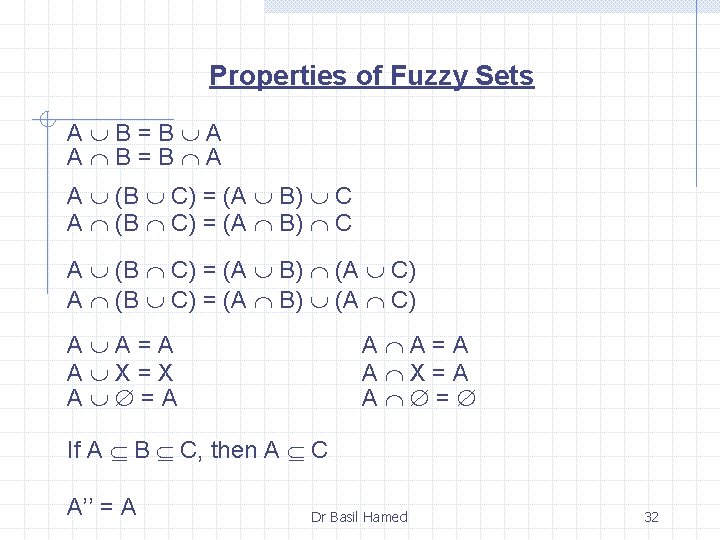 Properties of Fuzzy Sets A B=B A A (B C) = (A B) C