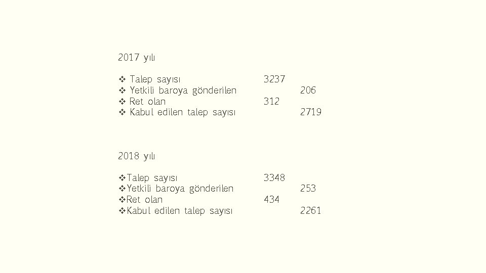 2017 yılı v v Talep sayısı Yetkili baroya gönderilen Ret olan Kabul edilen talep